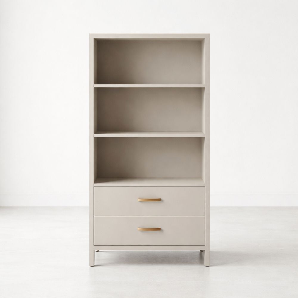 Beige Wood Bookcase with Shelves and Drawers